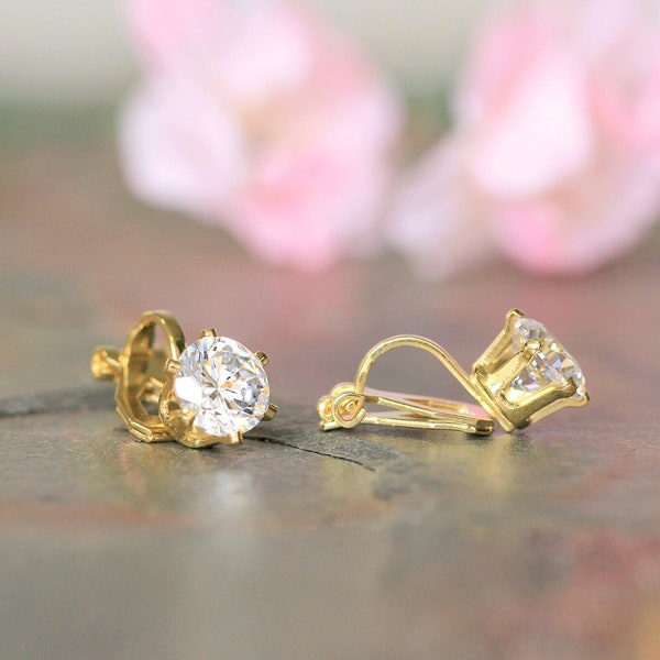 6-Prong Gold Round CZ Clip On Earrings - 7.0mm Round Clip On Earrings - 14K Gold Plated CZ Diamond Dainty Earrings - Minimalist Gifts