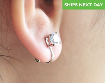 Solitaire CZ clip-on earrings-4 Prong setting-Round cut clear cubic earrings-Sparkling cubic earrings-size 6, 7, 8, 10mm options