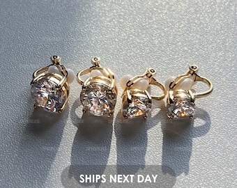 CZ Round Clip On Earrings, 4 Prong Cz Dainty Earrings, Cz Gold Clip On Earrings, Minimalist Earrings, Solitaire Clip On Earrings