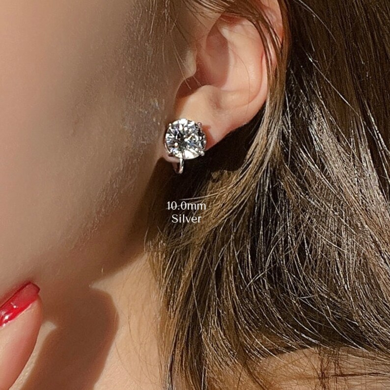 Minimalist Round Clip On Earrings 4 Prong CZ Diamond Size image 2