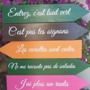 Può includere: Cinque cartelli in legno a forma di freccia con testo bianco su un cavalletto in legno. I cartelli indicano: "Entrez, c'est tout vert", "Cest pas tes oignons", "Les carottes sont cuites", "Ne me raconte pas de salades", e "J'ai plus un radis".
