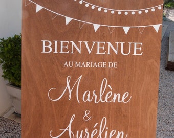 Panneau de bienvenue au mariage en bois peint, thème guinguette