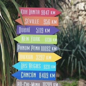 Flèches déco du jardin en bois. Flechas direcionais em madeira pintada para cadeau personalizado, para o amor das viagens
