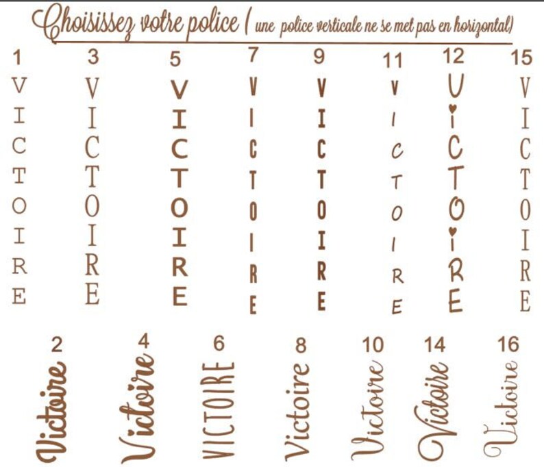 May include: A graphic showcasing different font styles for the word "Victoire". The text "Choisissez votre police" is at the top. The fonts are numbered and presented in vertical and horizontal arrangements, demonstrating design options.