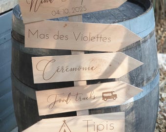 Può includere: Segnali direzionali in legno con testo inciso e frecce, montati su una botte di legno. I segnali indicano le direzioni verso vari luoghi, tra cui "Nina ET Paul" e "Food Trucks". I segnali sono marrone chiaro.