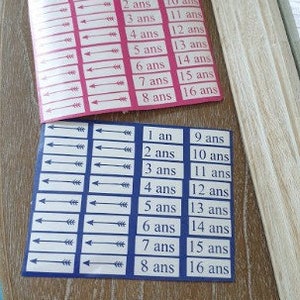 May include: Two sticker sheets with white text on a pink and blue background. The stickers are labelled with numbers from 1 to 16 and the word "ans". Arrows point to the numbers. The stickers are on a wooden surface.