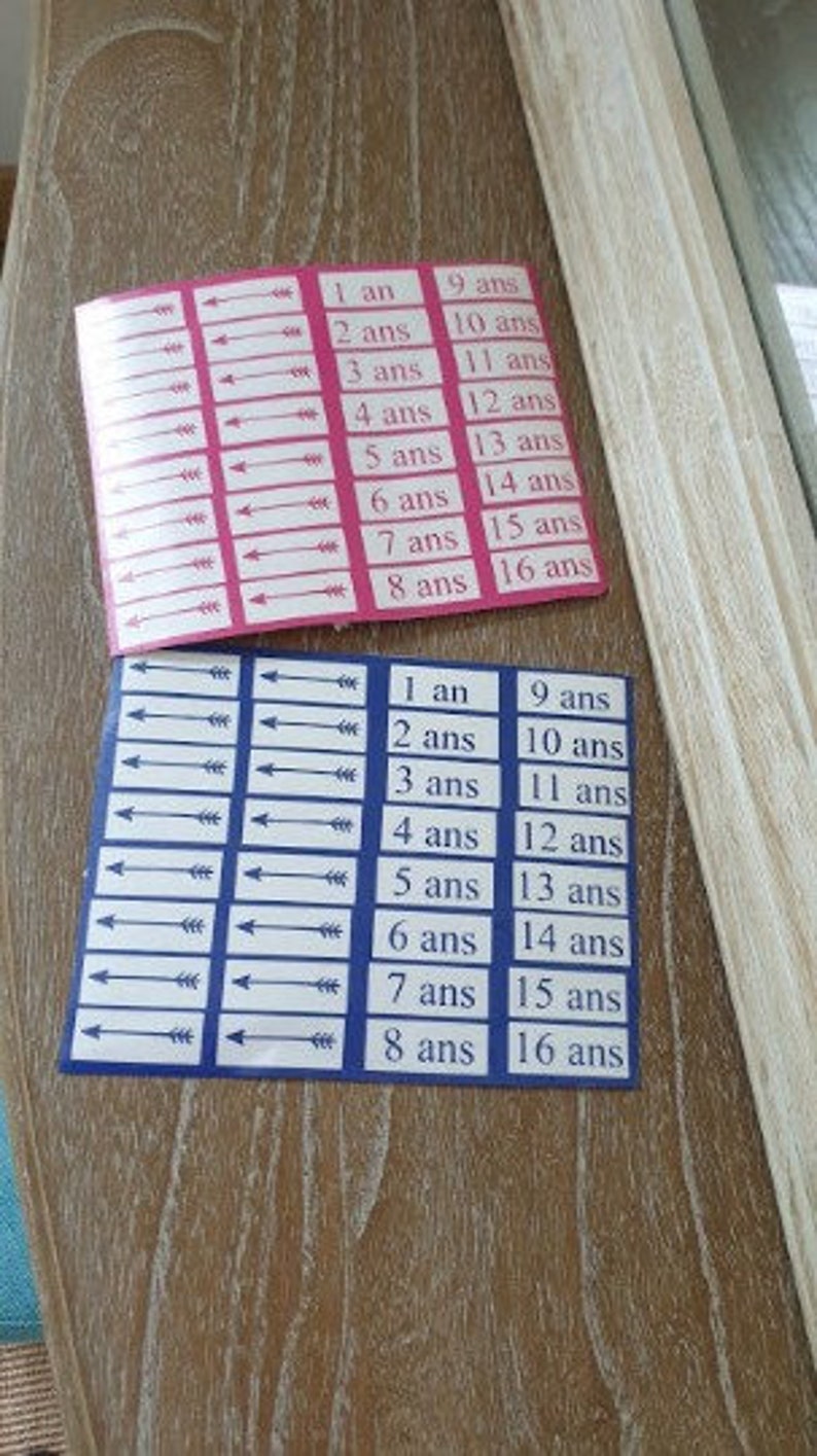 May include: Two sticker sheets with white text on a pink and blue background. The stickers are labelled with numbers from 1 to 16 and the word "ans". Arrows point to the numbers. The stickers are on a wooden surface.