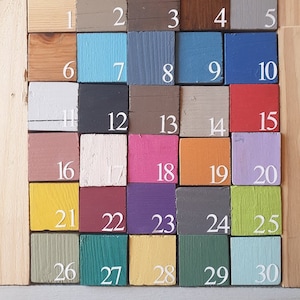 May include: A color chart with 31 different paint colors, numbered 1 through 31. The colors include shades of brown, blue, gray, red, pink, yellow, green, and purple.