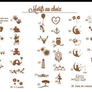 May include: A brown graphic with the text "Motifs au choix" and various illustrations, including a bunny, stars, a bird, a cat, a deer, a bear, an elephant, a lighthouse, and a fairy. The image also includes the text "Date de naissance".