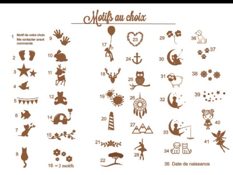 May include: A brown graphic with the text "Motifs au choix" and various illustrations, including a bunny, stars, a bird, a cat, a deer, a bear, an elephant, a lighthouse, and a fairy. The image also includes the text "Date de naissance".