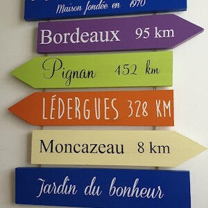 May include: A set of six wooden signs with arrow shapes, painted in different colors, with white text indicating distances to various locations. The top sign is blue and reads "Chez Claudine et Jean-Fran&ccedil;ois Maison fond&eacute;e en 1970". The signs below read "Bordeaux 95 km", "Pignan 452 km", "L&eacute;dergues 328 KM", "Moncazeau 8 km", and "Jardin du bonheur".