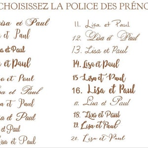 May include: A list of 20 different font styles for the names "Lisa et Paul" in brown text on a white background. The font styles are numbered 1 through 20.