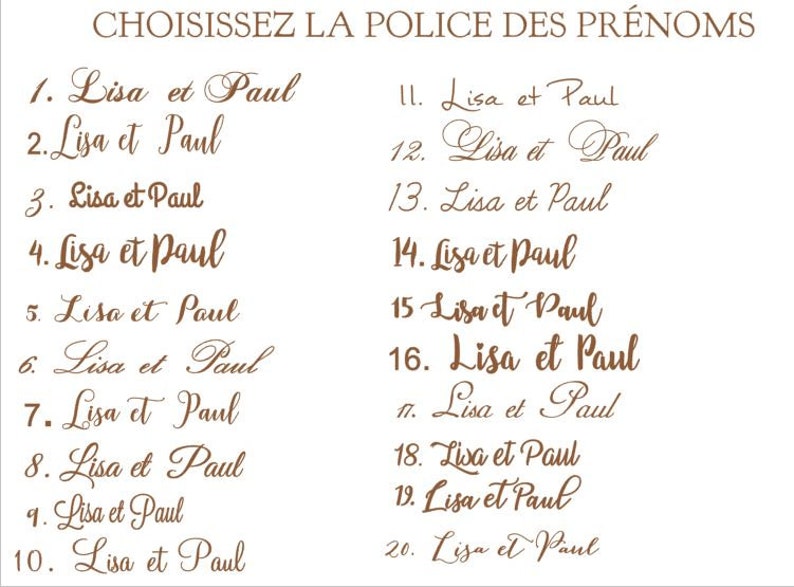 May include: A list of 20 different font styles for the names "Lisa et Paul" in brown text on a white background. The font styles are numbered 1 through 20.