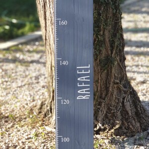 May include: A dark grey wooden height chart with white markings and the name "RAFAEL". An owl illustration is at the top. The chart measures up to 180 cm. The wooden plank is placed next to a tree.