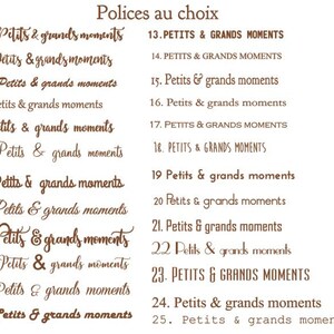 May include: A list of 25 font styles, numbered 1 through 25, with the text "Petits & grands moments" or "PETITS & GRANDS MOMENTS" in each style. The text "Polices au choix" is at the top of the list.