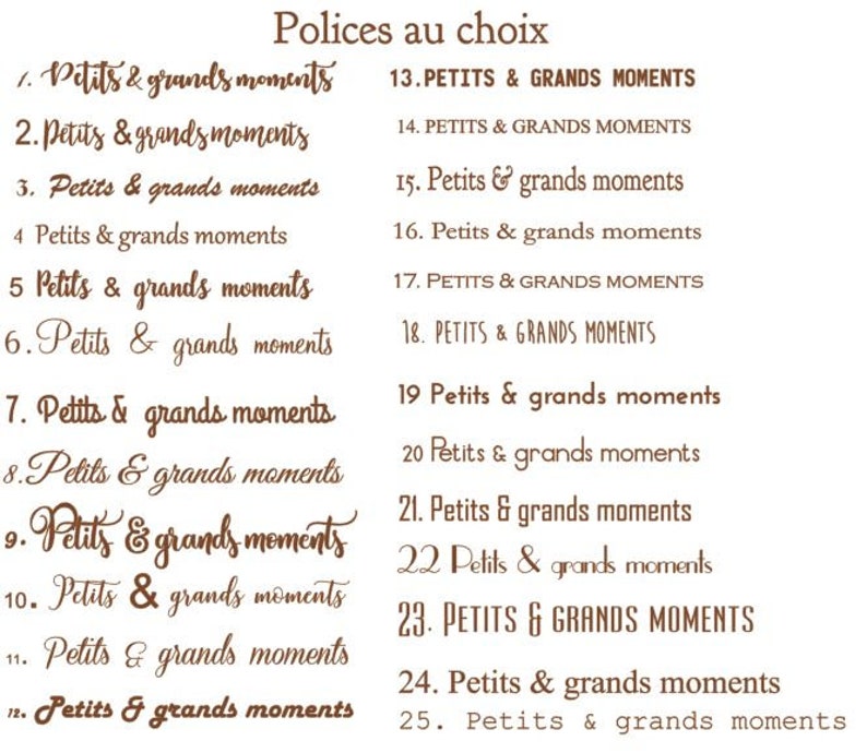 May include: A list of 25 font styles, numbered 1 through 25, with the text "Petits & grands moments" or "PETITS & GRANDS MOMENTS" in each style. The text "Polices au choix" is at the top of the list.