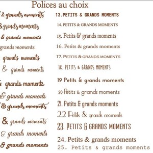 May include: A list of 25 font styles for the phrase "Petits & grands moments" in brown text on a white background. The font styles range from casual script to formal serif.