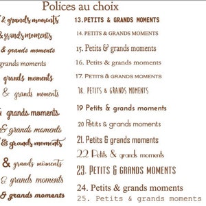 May include: A list of 25 font styles for the phrase "Petits & grands moments" in brown text on a white background. The font styles range from casual script to formal serif.