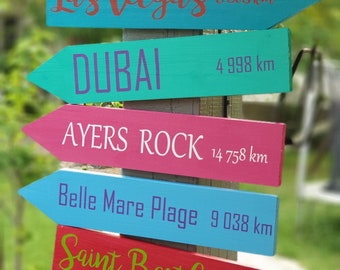 Pancartes directionnelles souvenirs de voyage personnalisables. Cadeau personnalisé pour amoureux du voyage ou de la nature, déco du jardin