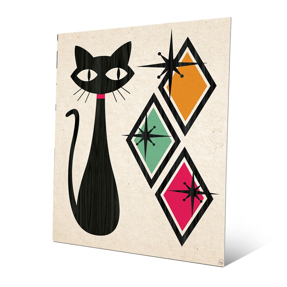 Midcentury Modern Cat Art Print With Diamonds Orange Etsy