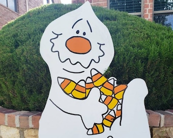 Ghost Yard Art/ Halloween Yard Art/ Ghost with CandyCorn Wood Sign/ Ghost Wood Sign/ Halloween Decor/ Ghost Decor/ CandyCorn Wood Sign