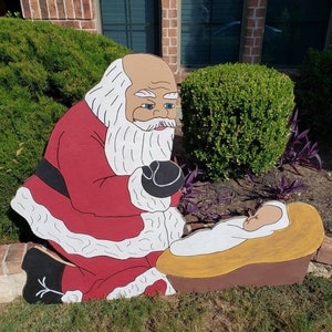 Santa and Baby Jesus Yard Art/ Outdoor Lawn Stakes/ Santa Kneeling Over Baby Jesus/ Christmas Yard Decor/ Santa Decor/ Baby Jesus/ Santa