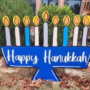 Happy Hanukkah Yard Art/ Hanukkah Decor/ Outdoor Decor/ Hanukkah/ Lawn Decor/Menorah Wood Sign/ Menorah Yard Art