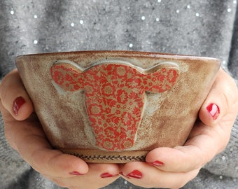 Ceramic Bowl, Hand Thrown  Bowl, Cereal Bowl, Soup Bowl, Cow Lovers, Farmers Gift, Flowery Cattle Head