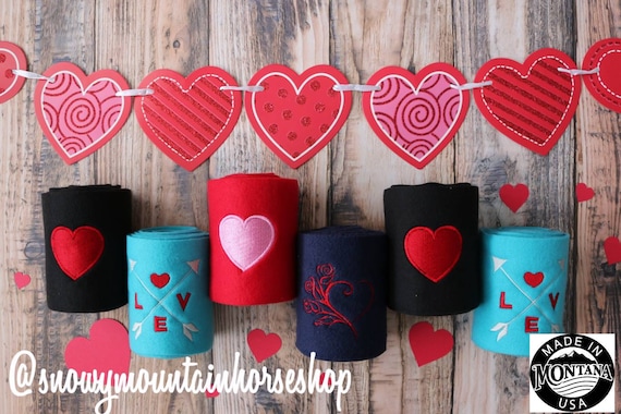 Set of 4 Red Base Embroidered Pink Heart Valentines Day Polo Wraps//Stable Wraps