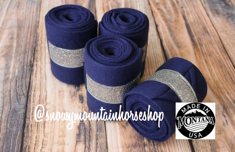 Metallic Navy Base Silver Glitter Polos Set of 4 Polo Wraps Stable Wraps Standard or Yearling Pony Size