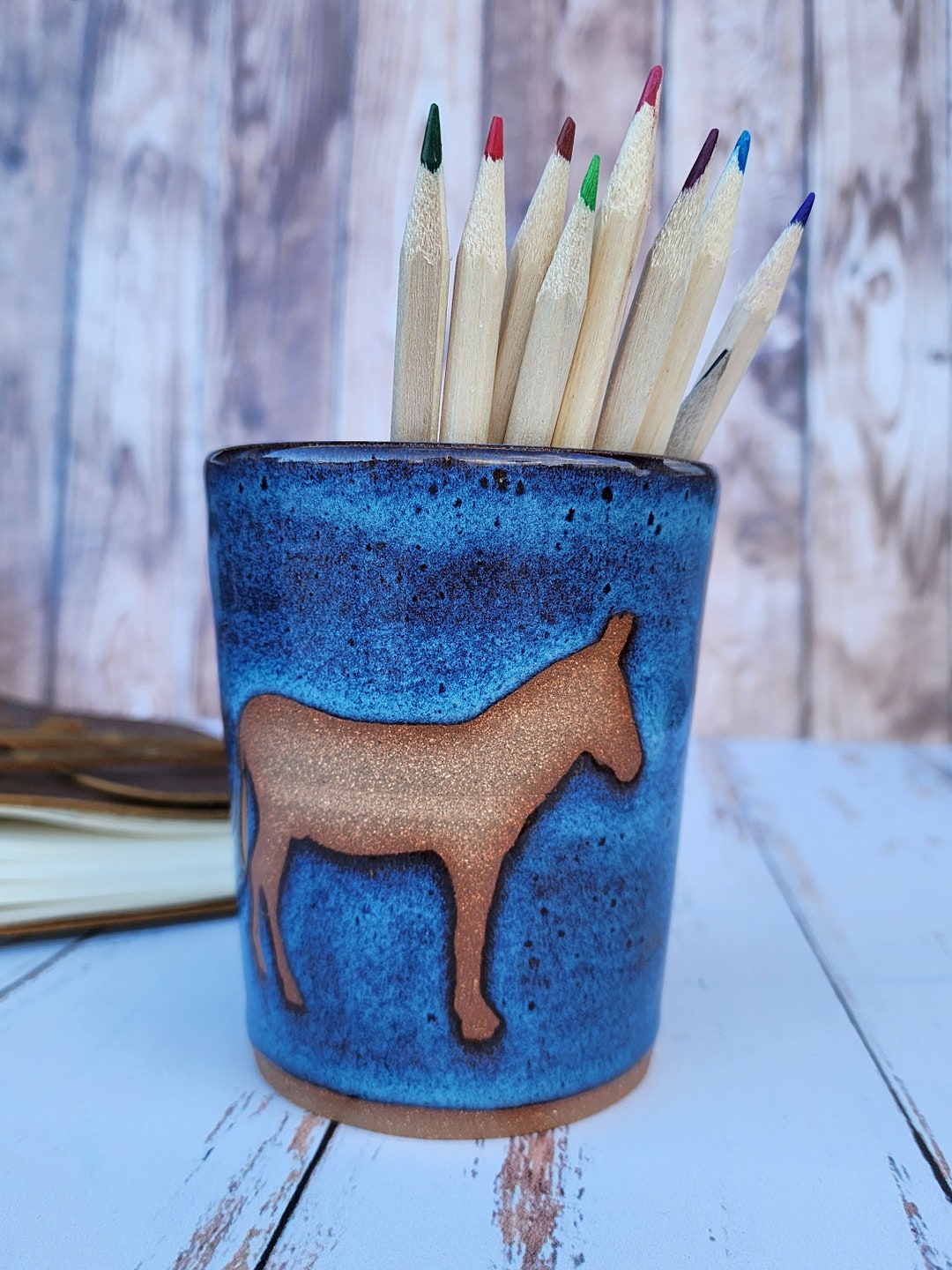 Hand Thrown Ceramic Pencil Holder, Brush Holder, Desk Storage, Donkey