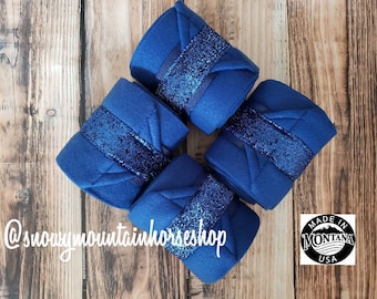 Polo Wraps / Stable Wraps, Set of 2 OR  4 , Standard or Yearling/ Pony Size, Blue Glitter  Ribbon