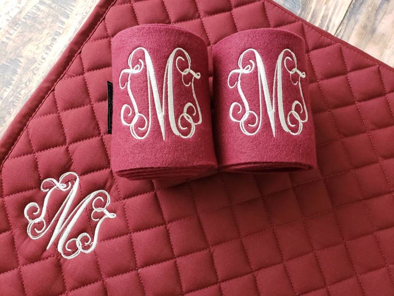 Custom Monogram Embroidered Diamond Quilted All Purpose English Saddle Pad, Polo Wraps & Stirrup Cover Set, More Color and Set Options image 7