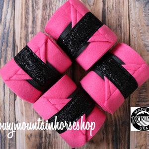 Polo Wraps / Stable Wraps, Set of 2 OR  4 , Standard or Yearling/ Pony Size, Raspberry Pink with Black Glitter