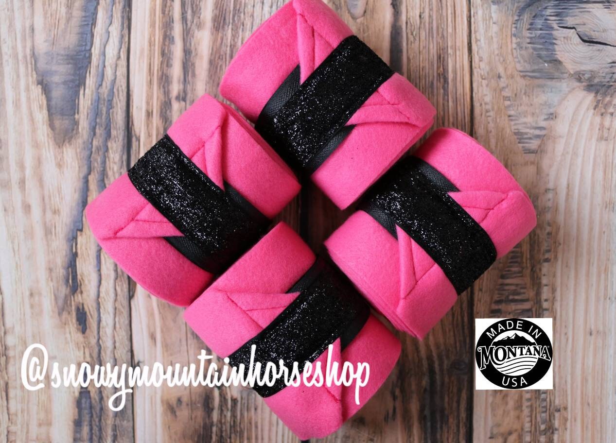 Polo Wraps/Stall Wraps, 2er oder 4er Set, Standard oder Yearling/ Pony Size, Raspberry Pink mit schwarzen Glitzer