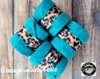 Polo Wraps / Stable Wraps, Set of 4 OR 2, Standard or Yearling/ Pony Size, Turquoise Cheetah, Select Base Color