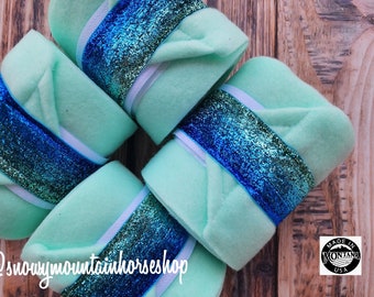 Polo Wraps / Stable Wraps, Set of 2 OR  4 , Standard or Yearling/ Pony Size, Blue Turquoise Ombre Glitter Ribbon, Mint Base