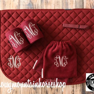 Custom Monogram Embroidered Diamond Quilted All Purpose English Saddle Pad, Polo Wraps & Stirrup Cover Set, More Color and Set Options image 1