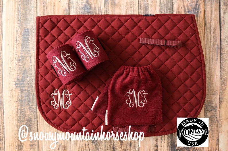 Custom Monogram Embroidered Diamond Quilted All Purpose English Saddle Pad, Polo Wraps & Stirrup Cover Set, More Color and Set Options image 1