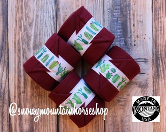 Polo Wraps / Stable Wraps, Set of 2 OR  4 , Standard or Yearling/ Pony Size, Flowery Cacti Burgundy Base, Cactus