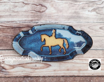 Trinket Dish, Ring Dish, Small Horse Dish, Horse,Jewelry Dish, Ceramic Soap Dish, Dinnerware Safe, Dressage, Blue on Speckled Clay