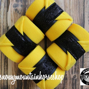 Polo Wraps / Stable Wraps, Set of 4 , Standard or Yearling/ Pony Size, Lemon Yellow Black Metallic Glitter Polos