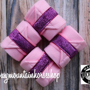 Polo Wraps / Stable Wraps, Set of 4 , Standard or Yearling/ Pony Size, Metallic Raspberry Pink Glitter Ribbon Cotton Candy Pink Base