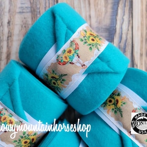 Polo Wraps / Stable Wraps, Set of 4 OR 2, Standard or Yearling/ Pony Size, Sunflower Bull Skull, Select Base Color