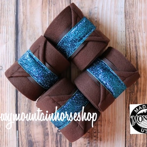 Polo Wraps / Stable Wraps, Set of 2 OR  4 , Standard or Yearling/ Pony Size, Brown Base Metallic Turquoise Glitter Ribbon