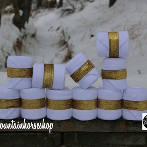 Polo Wraps / Stable Wraps, Set of 2 OR  4 , Standard or Yearling/ Pony Size, Gold Glitter Ribbon White Base