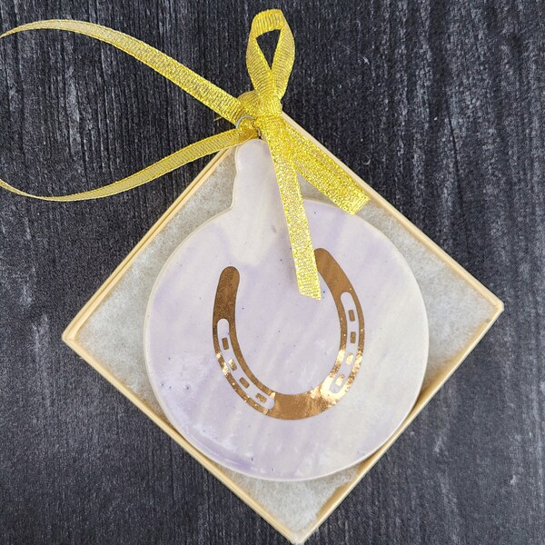 Handmade Porcelain Gold Lucky Horseshoe Ornament, Horselovers Ornament