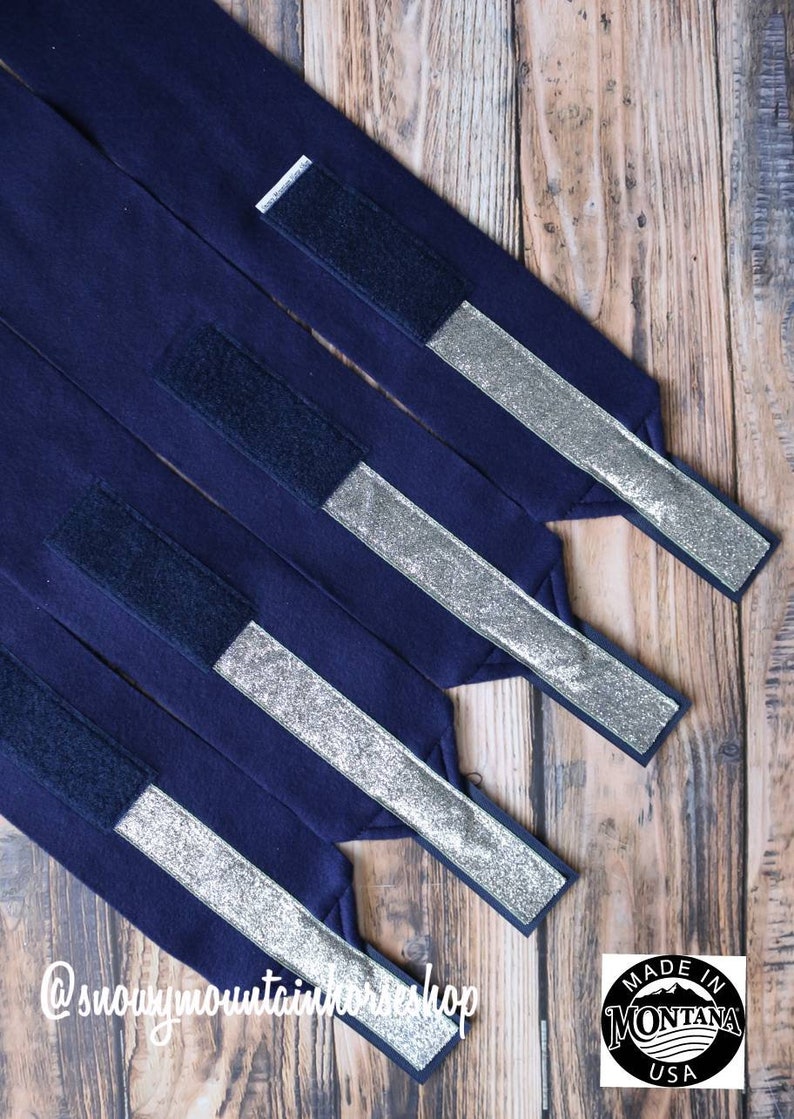 Metallic Navy Base Silver Glitter Polos Set of 4 Polo Wraps Stable Wraps Standard or Yearling Pony Size