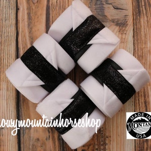 Polo Wraps / Stable Wraps, Set of 2 OR  4 , Standard or Yearling/ Pony Size, White Base Black Glitter Ribbon