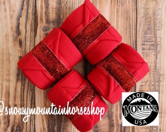 Polo Wraps / Stable Wraps, Set of 2 OR  4 , Standard or Yearling/ Pony Size, Red Glitter  Ribbon